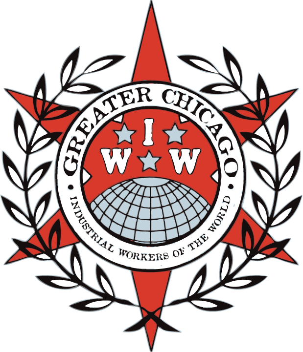 Greater Chicago IWW logo. The letters “IWW” above a half globe, encircled with the words "Greater Chicago Industrial Workers of the World”. This is one top of a red six pointed star and laurels.